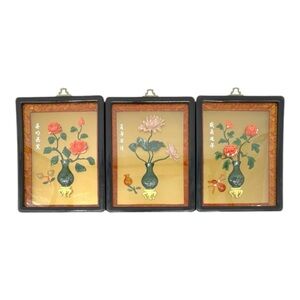 Vintage Chinese Carved Jade Coral Flower Vase Framed Pictures Art Decor Set Of 3